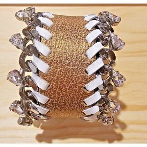 ELENA MEYER LEATHER GOLD WHITE CRYSTAL GLASS CUFF BRACELET ITALY DESIGNER